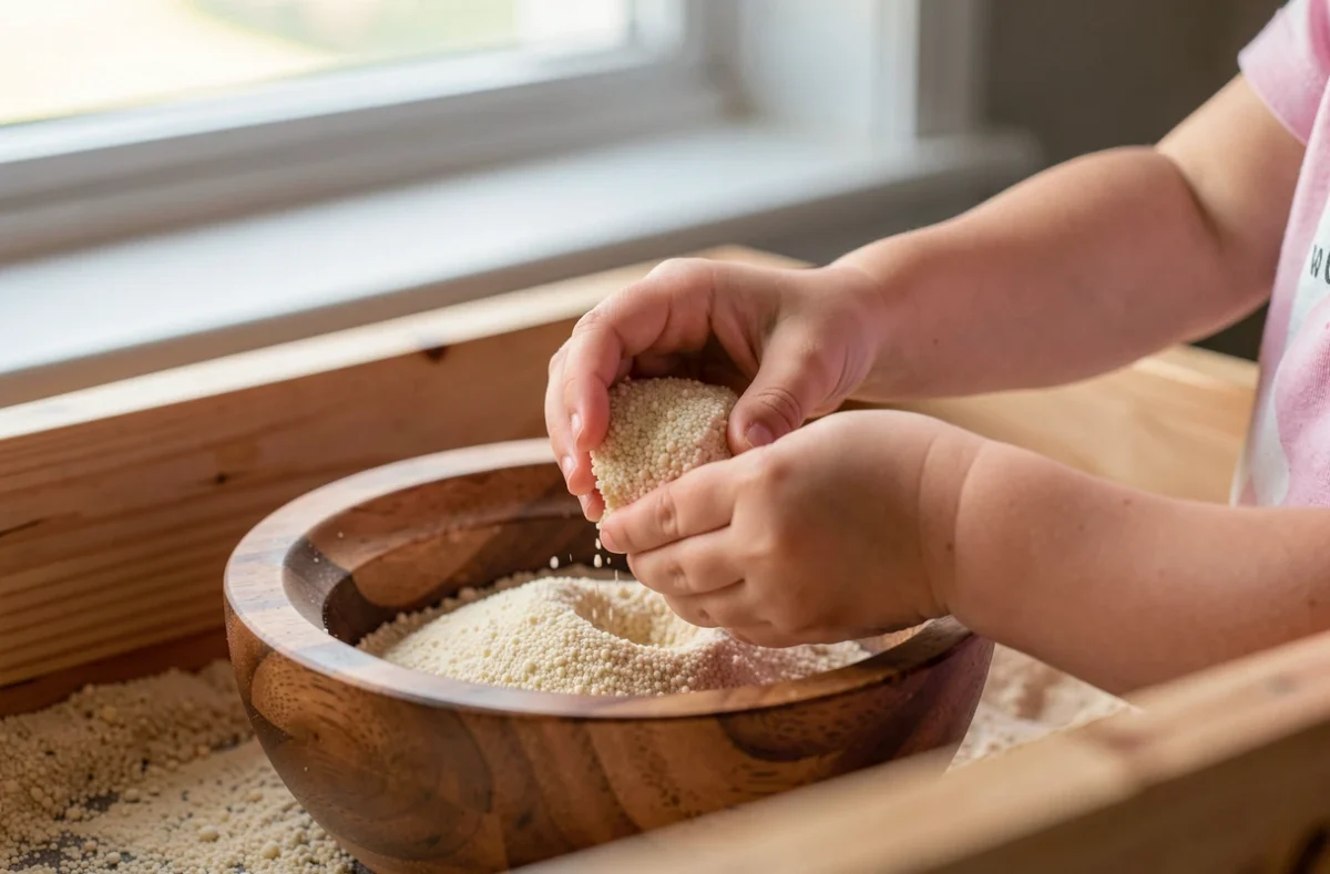 Mains d'enfant transvasant de la semoule dans un bac sensoriel