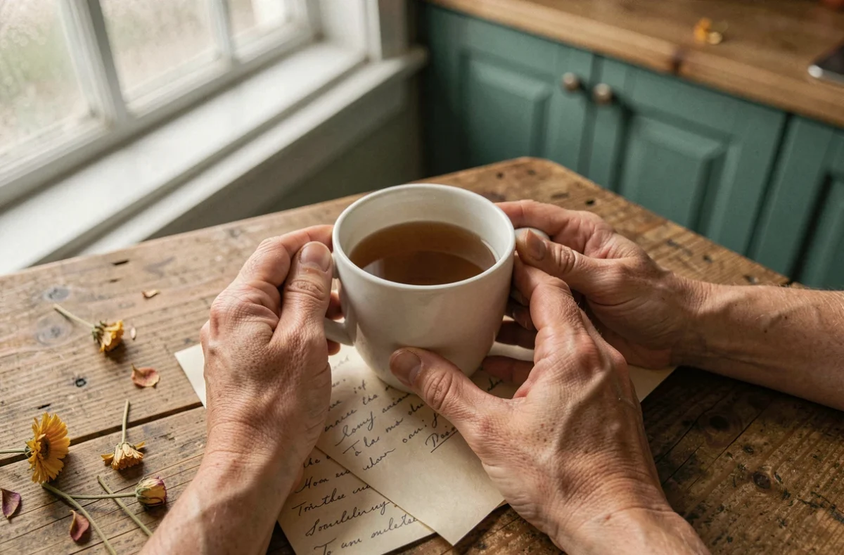 Mains tenant une tasse de thé chaud sur une table en bois avec une lettre manuscrite, symbole de réconfort et de solitude