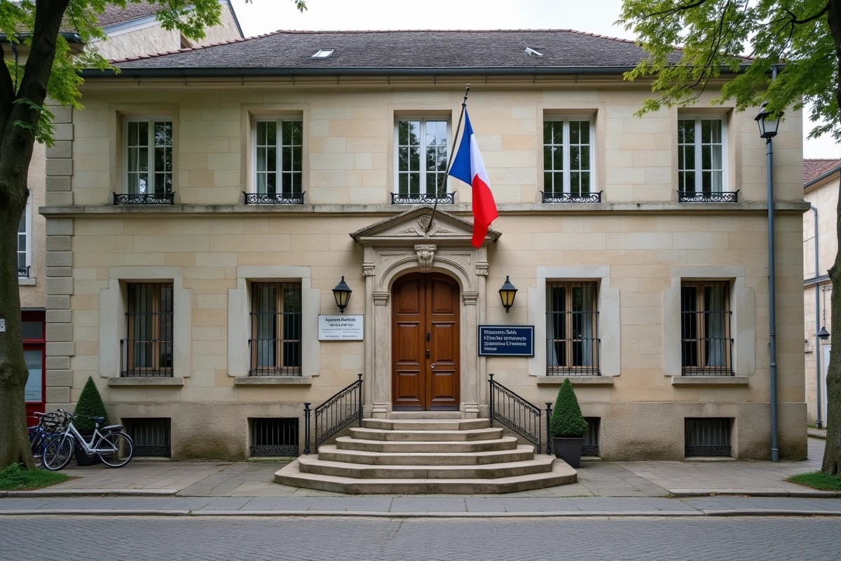 Façade d'une mairie de commune du département de l'Orne avec panneau officiel mis à jour