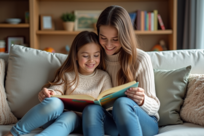 Maman et fille lisant un livre dans un salon chaleureux