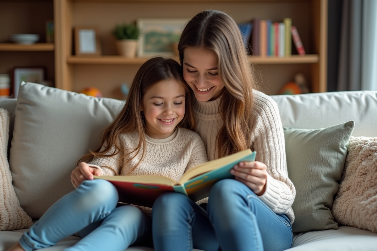 Maman et fille lisant un livre dans un salon chaleureux