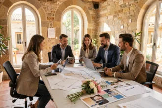 Équipe d'organisateurs d'événements en Occitanie autour d'une table de planification avec plans et moodboards