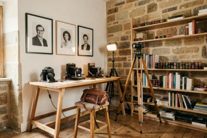 Studio de photographie professionnel en Haute-Vienne avec équipements vintage et tirages encadrés sur murs en pierre