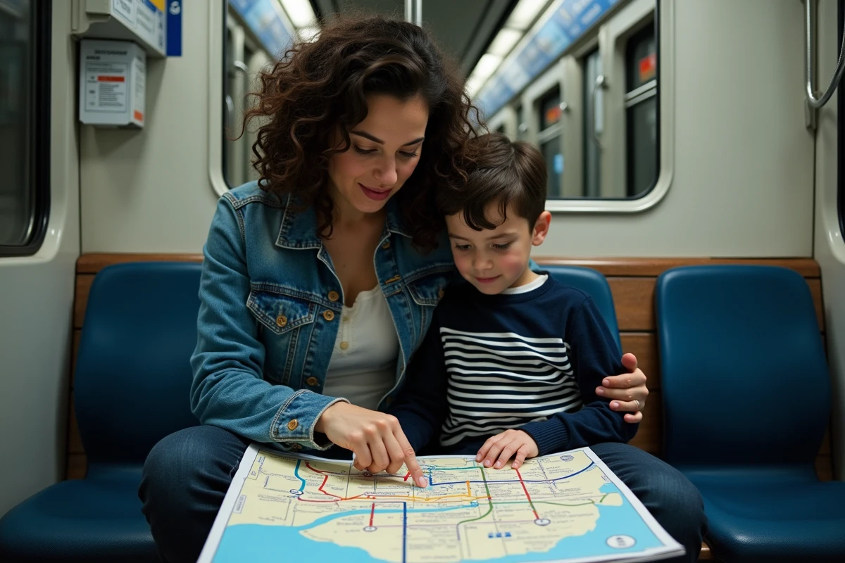 Mère et enfant étudiant ensemble le plan simplifié du métro parisien dans une rame de métro