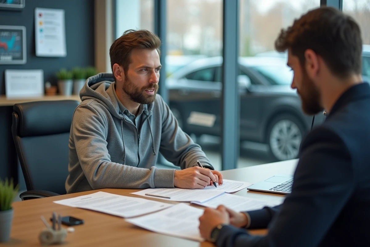 Négociation du prix d'une voiture entre un acheteur et un vendeur dans un bureau de concession automobile