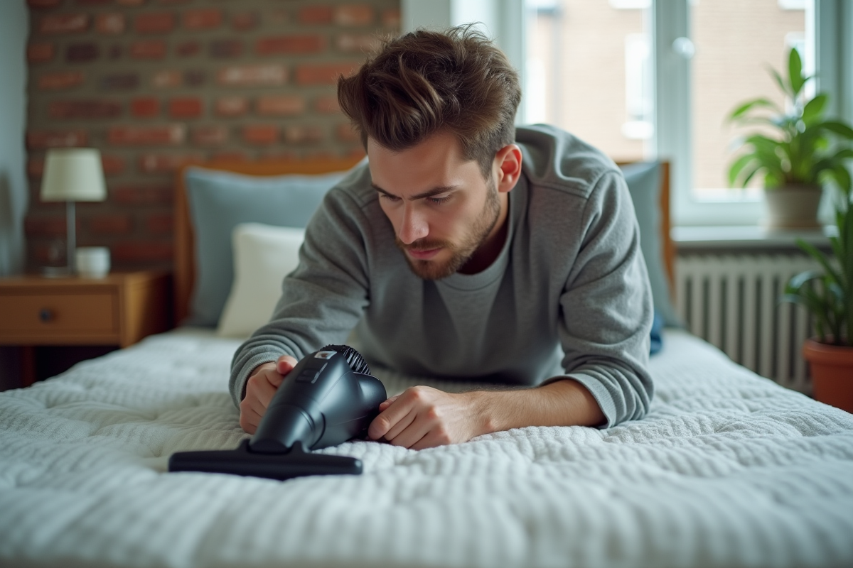 Jeune homme nettoyant un matelas avec un aspirateur