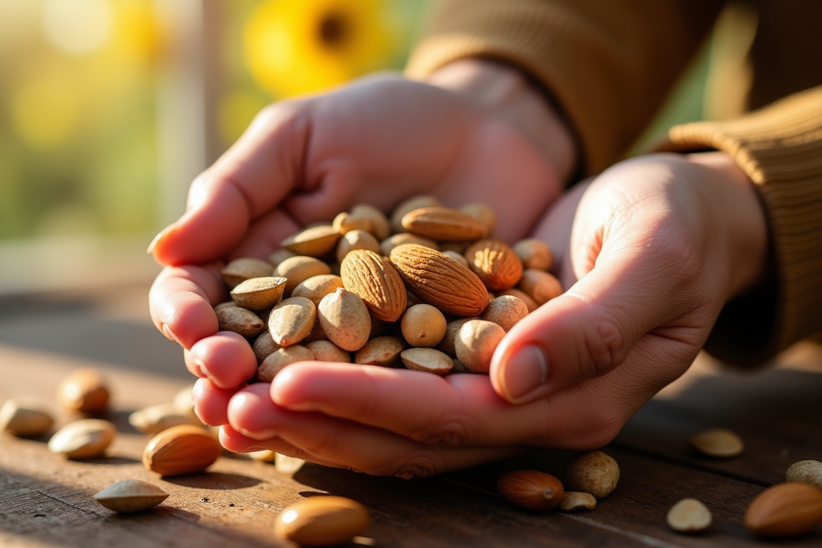 Mains tenant des noix et graines riches en vitamine E sur une table en bois