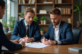 Notaire en costume vérifiant des documents officiels