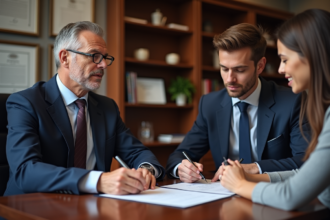 Notaire professionnel examinant des contrats avec un couple
