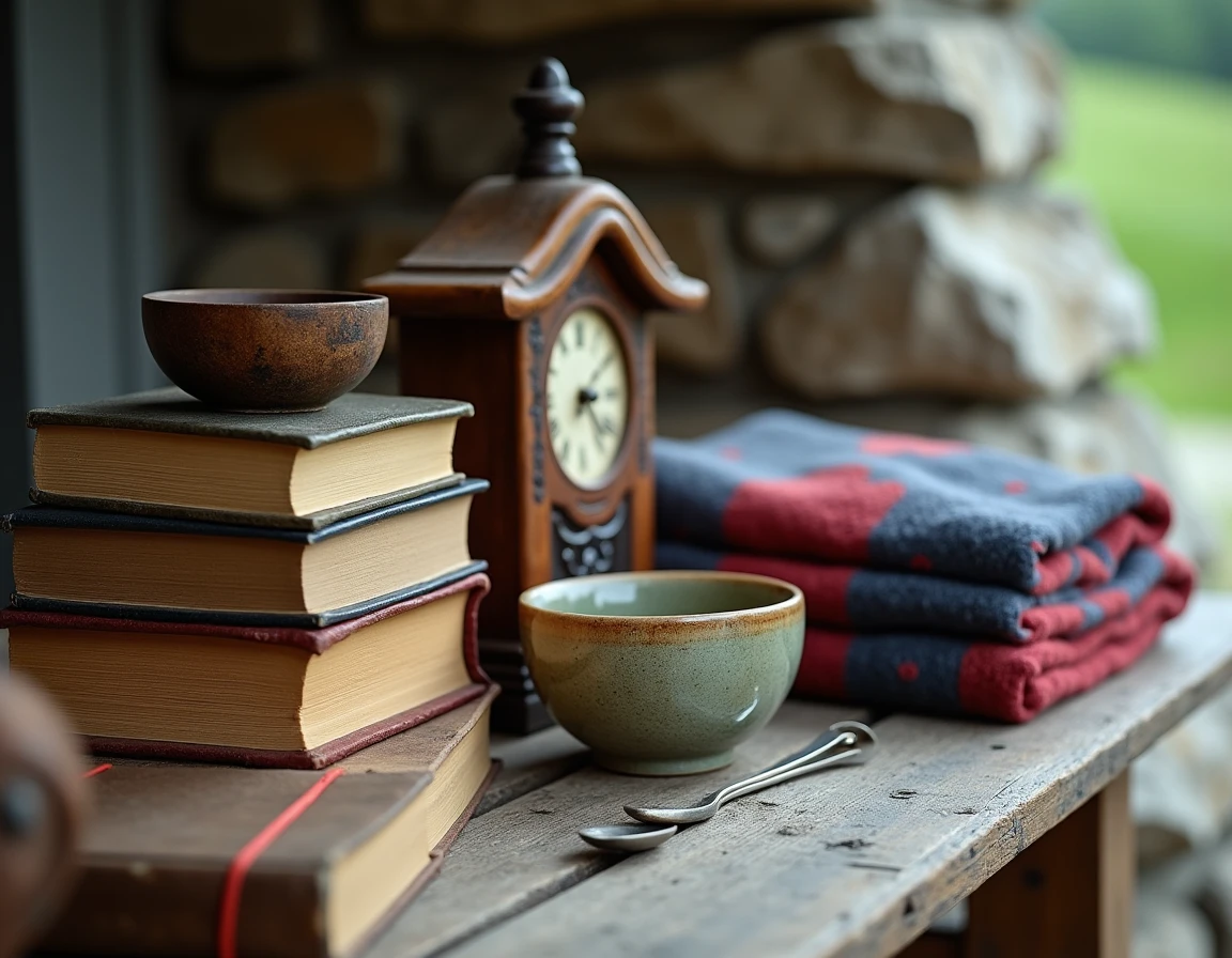 Objets de brocante authentiques sur une table en bois lors d'une braderie en Savoie, horloge ancienne, livres et poterie artisanale