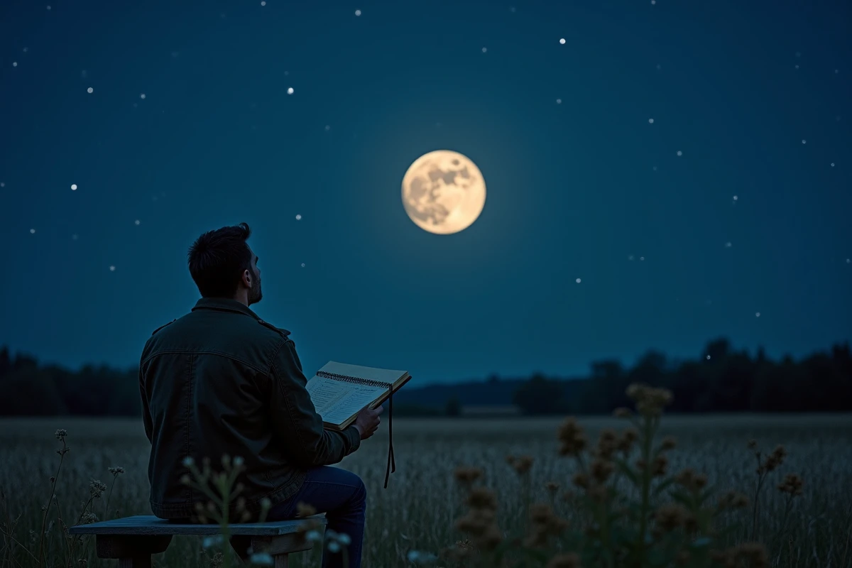 Homme observant la pleine lune dans un champ nocturne avec un carnet de phases lunaires sur les genoux