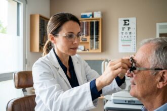 Opticienne professionnelle examinant la vue d'un patient dans une clinique moderne du Val-d'Oise