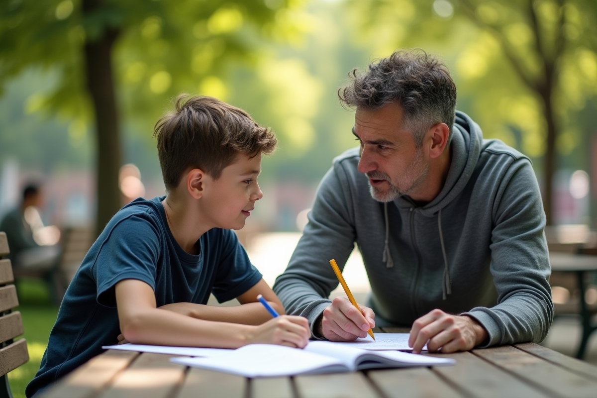 Pere aidant son fils avec ses devoirs au parc en plein air