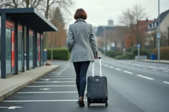Femme marchant vers un arrêt de tramway depuis un parking relais à Nantes