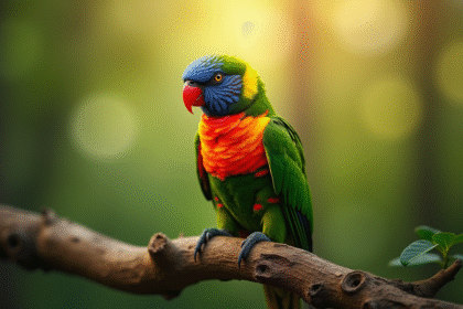 Perroquet vert et rouge perché sur une branche naturelle