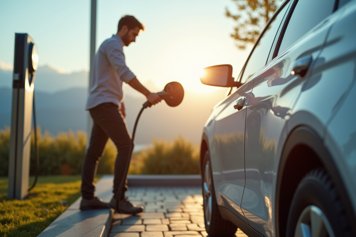 Personne branchant une voiture électrique à une station de recharge en plein air