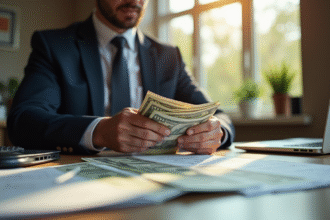 Personne élégante comptant des dollars dans un bureau moderne