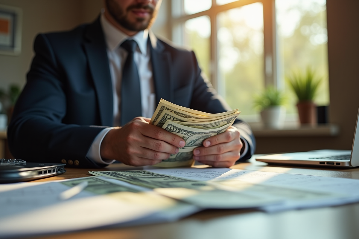 Personne élégante comptant des dollars dans un bureau moderne