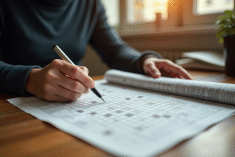 Personne résolvant un mots croises au journal
