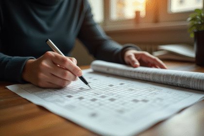 Personne résolvant un mots croises au journal
