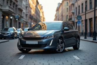 Peugeot 408 stationnée en ville en journée
