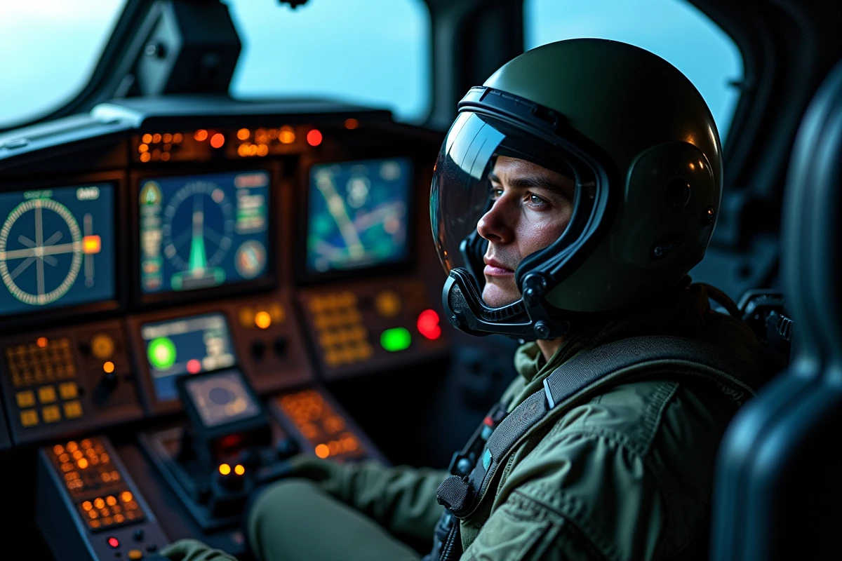 Pilote militaire dans un cockpit de chasseur moderne entouré d'écrans radar et de systèmes d'affichage de données IA
