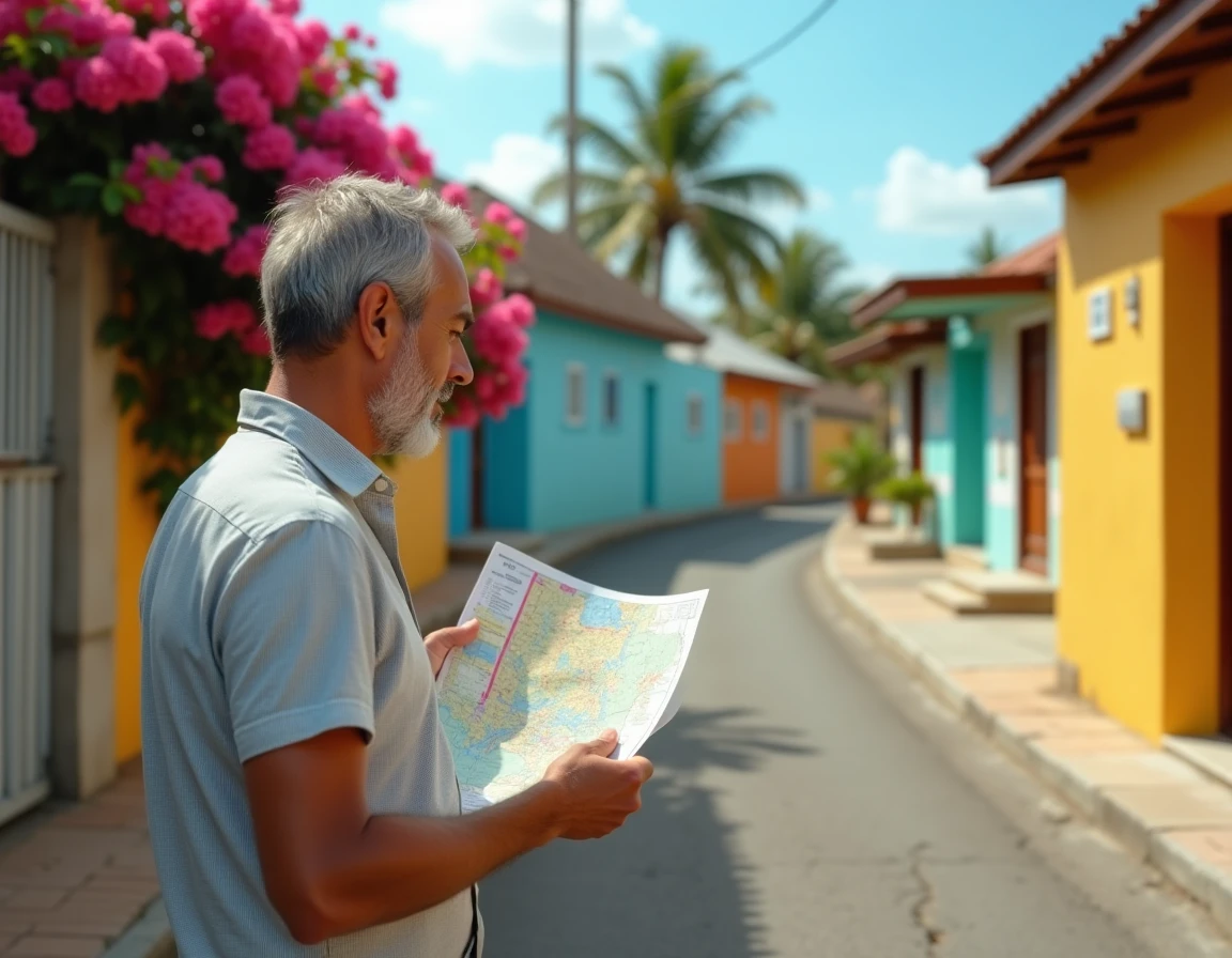 Homme consultant un plan postal dans une rue typique de village mauricien avec numérotation des bâtiments