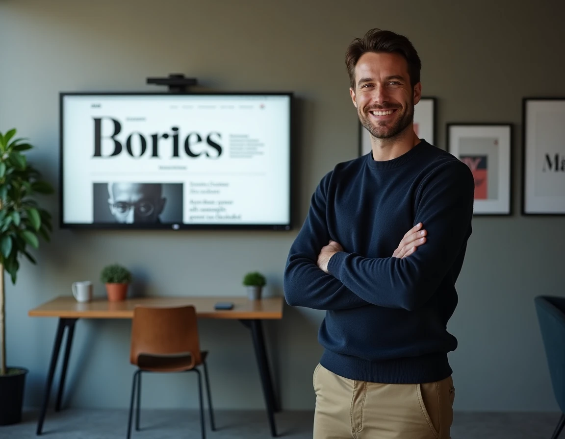 Designer debout devant un écran affichant une mise en page de portfolio avec une typographie Helonia Neue en gros titres