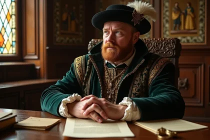 Homme Tudor en costume richement brodé regard pensif