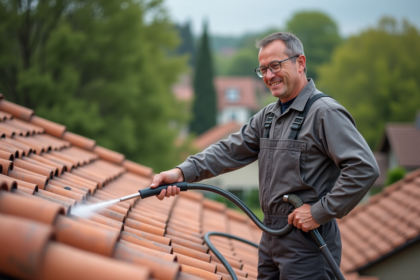 Couvreur middleaged appliquant hydrofuge sur toit en tuiles