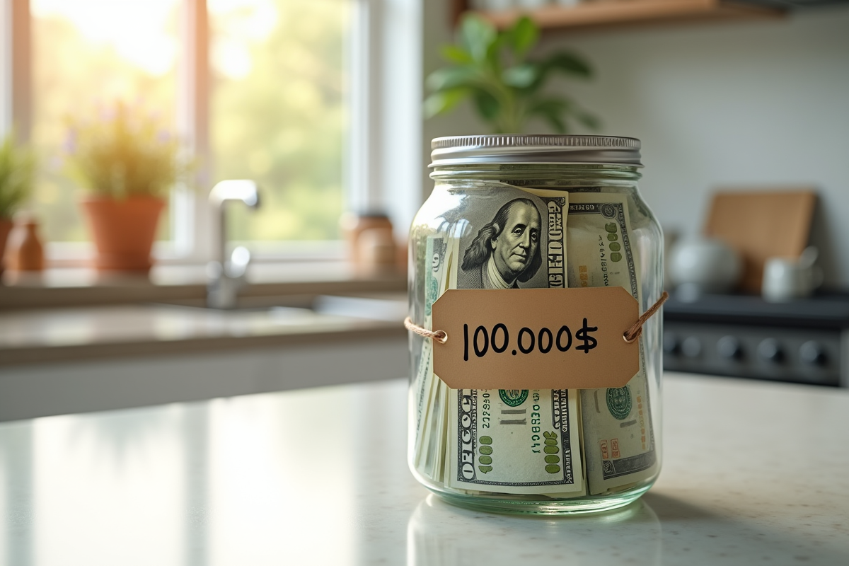 Pot rempli de dollars empilés avec étiquette 10000 dollars dans la cuisine
