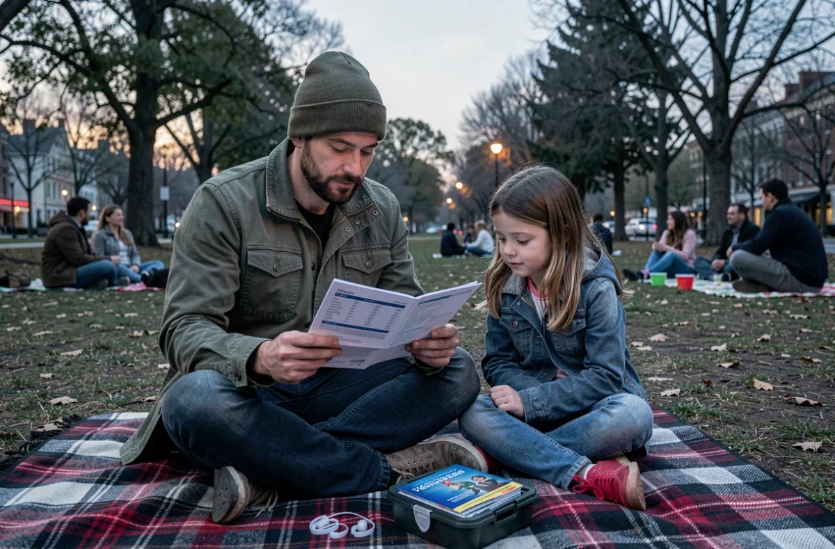 Père préparant sa fille au feu d'artifice avec des outils sensoriels et un planning visuel dans un parc de Lille