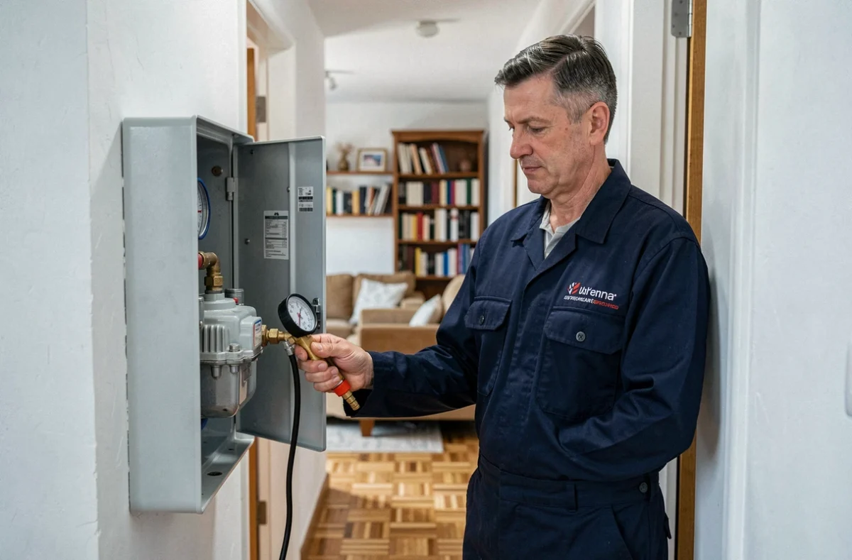 Technicien Probatis SARL testant la pression d'eau au tableau de distribution d'un appartement résidentiel
