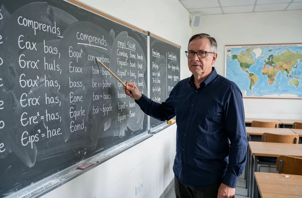 Professeur de français pointant une conjugaison correcte écrite à la craie sur un tableau noir dans une salle de classe