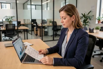 Une professionnelle en blazer marine analyse des documents financiers dans un bureau administratif moderne, illustrant les métiers et l'économie du Flash back FA