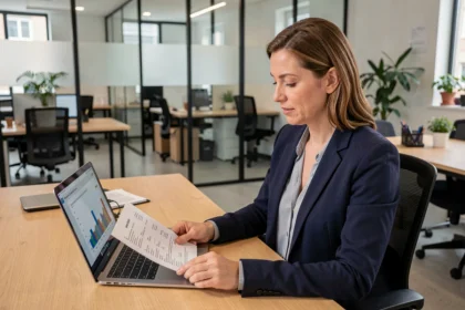 Une professionnelle en blazer marine analyse des documents financiers dans un bureau administratif moderne, illustrant les métiers et l'économie du Flash back FA