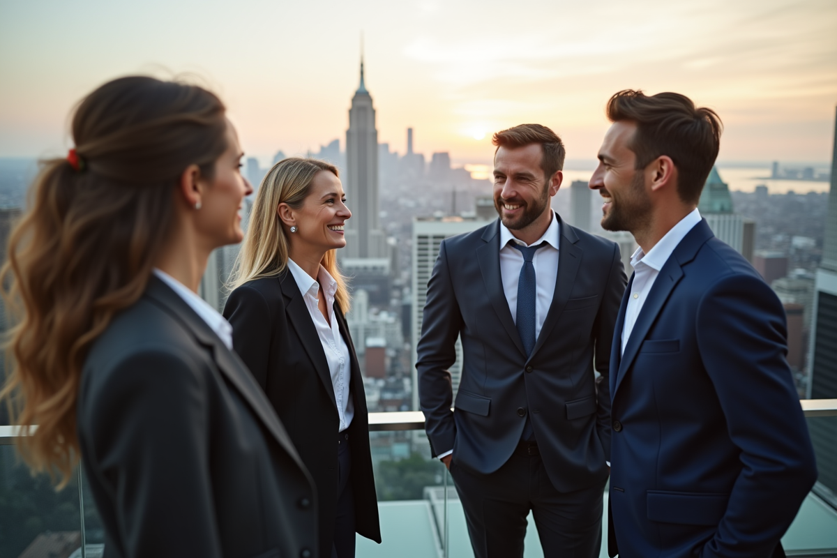 Groupe de professionnels sur une terrasse urbaine en discussion