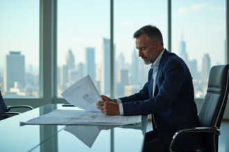 Promoteur immobilier en costume examine des plans architecturaux