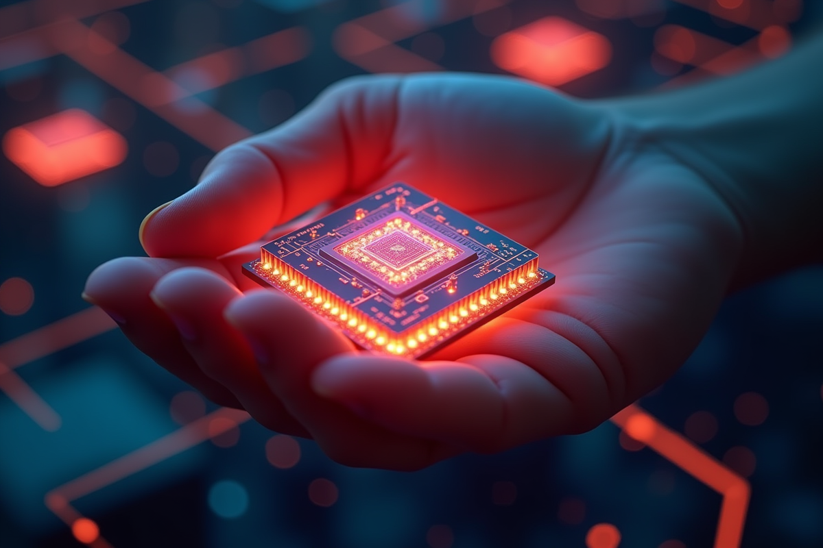 Main tenant une puce quantique brillante avec lignes dynamiques