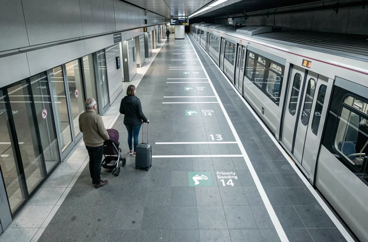 Vue du quai de la ligne 14 avec des voyageurs accompagnés d'une poussette et d'une valise près des portes palières