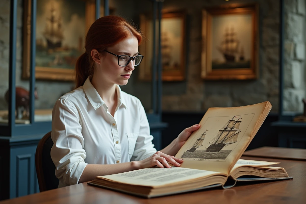 Femme examinant un livre historique sur les formations de flottes navales dans une salle de lecture de musée maritime