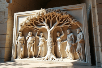 Relief en marbre ancien représentant la famille des dieux grecs