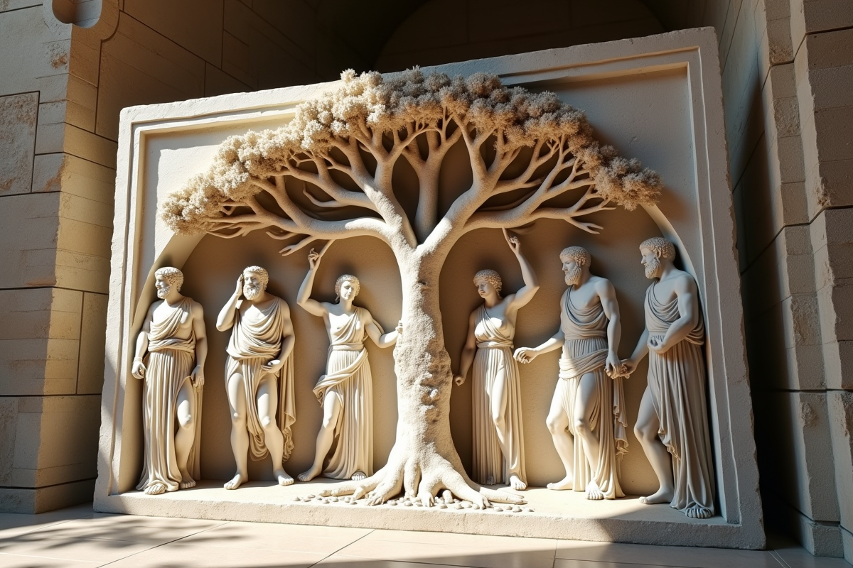 Relief en marbre ancien représentant la famille des dieux grecs