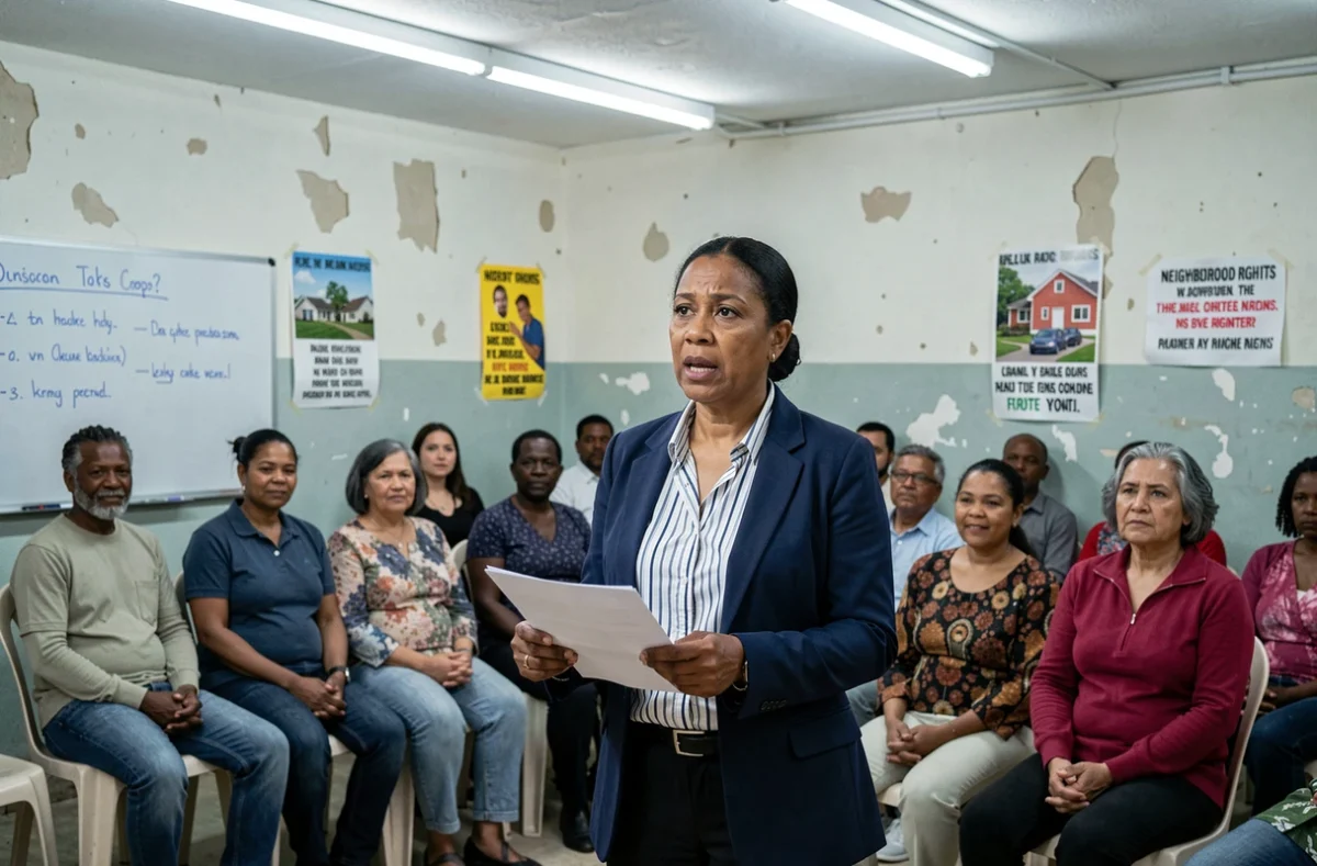 Femme prenant la parole lors d'une réunion citoyenne dans une salle associative d'un quartier défavorisé