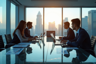 Groupe de professionnels analysant des graphiques financiers dans un bureau lumineux