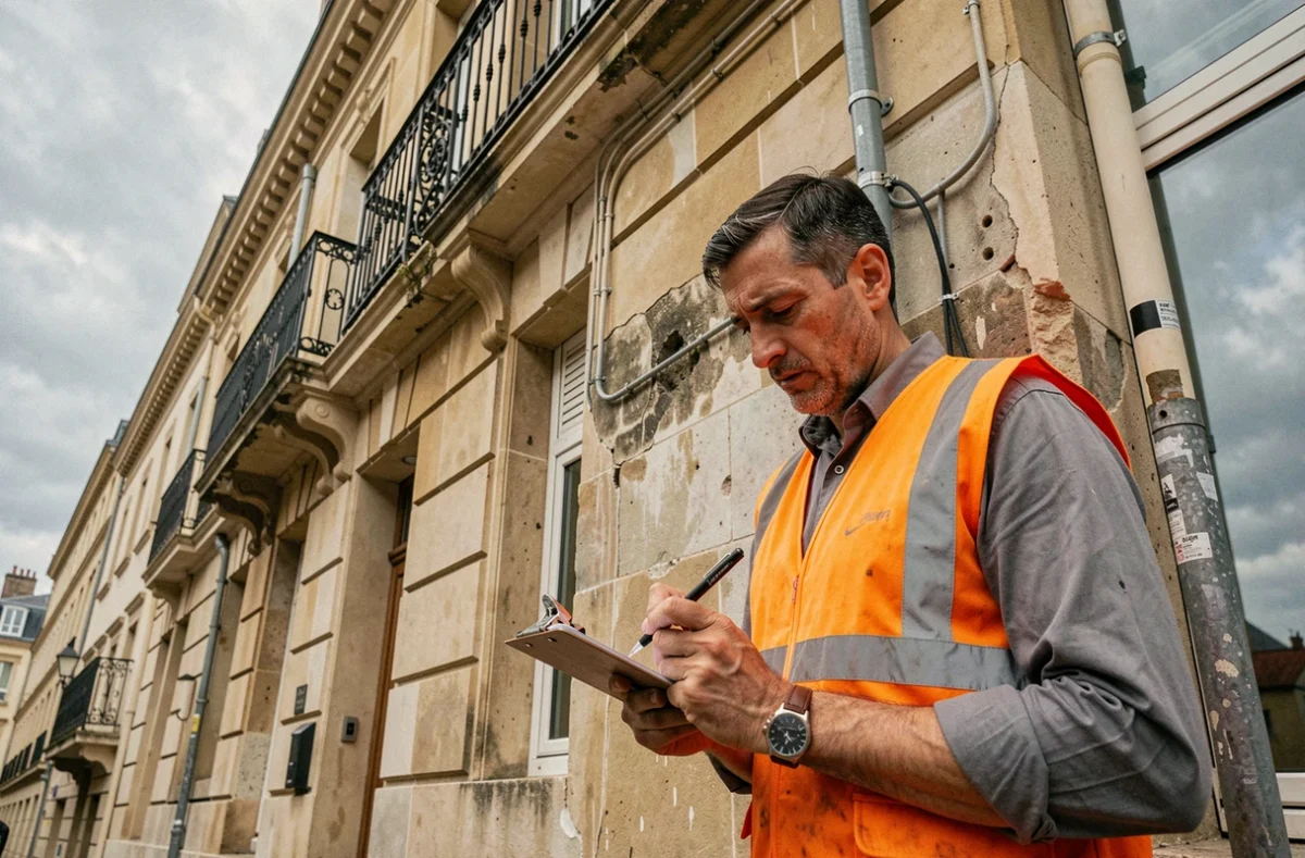 Technicien RMAB inspectant des dégâts des eaux sur la façade extérieure d'un immeuble lyonnais