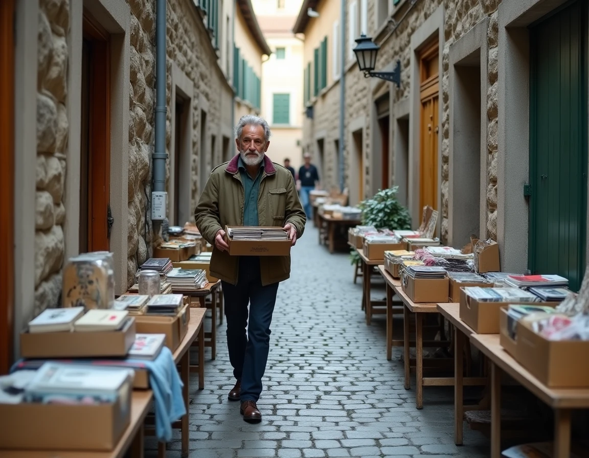 Homme parcourant des disques vinyles dans une ruelle de braderie d'un village savoyard, ambiance authentique de marché aux puces de village