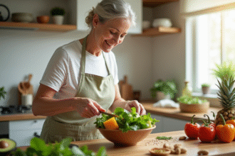 Femme souriante préparant une salade saine avec avocat et épinards