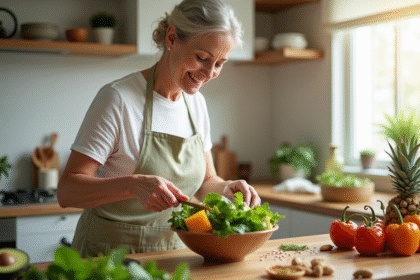 Femme souriante préparant une salade saine avec avocat et épinards