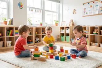 Salle de crèche lumineuse avec des enfants jouant sur un tapis
